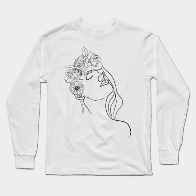 Women in floral hat line art Long Sleeve T-Shirt by Doodle Intent